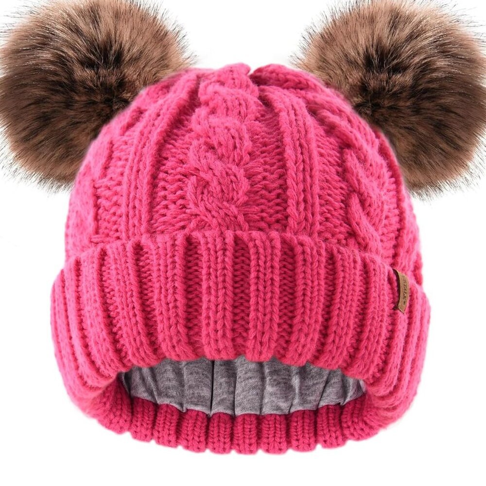 Toddler Warm Winter Hat Kids Baby Knitted Soft Beanie with Double Faux Fur Pom P